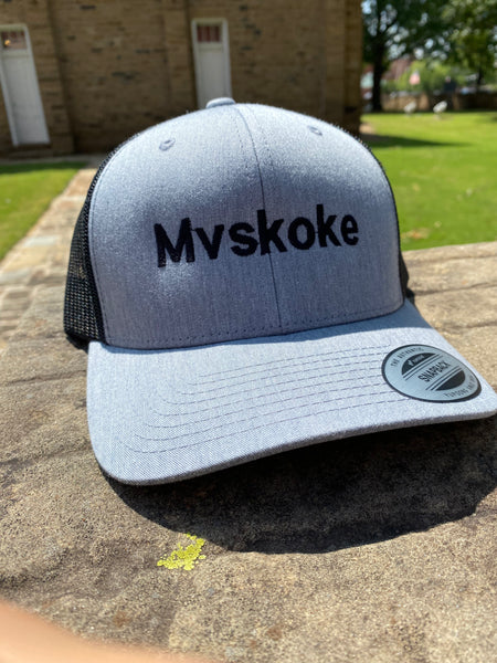 Mvskoke Heather Gray Snapback with Black Mesh Six Panel Retro Truck Cap