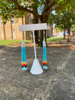 Multi Strand Seed Bead Fringe Earrings w/ Glass ends - Turquoise with fire colors