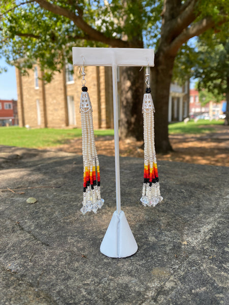Multi Strand Seed Bead Fringe Earrings w/ Glass ends - White with fire colors