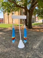 Multi Strand Seed Bead Fringe Earrings w/ Glass ends - Light Blue with fire colors