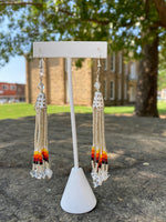 Multi Strand Seed Bead Fringe Earrings w/ Glass ends - Silver and Fire Colors