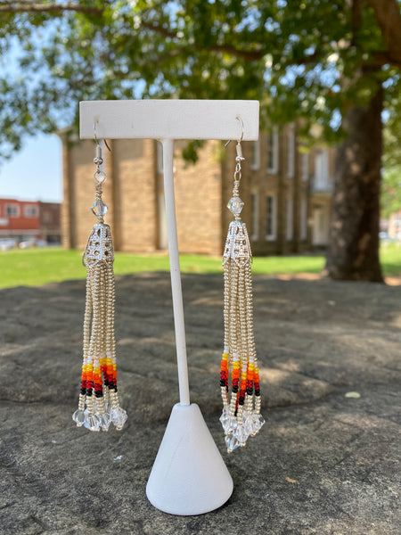 Multi Strand Seed Bead Fringe Earrings w/ Glass ends - Silver and Fire Colors