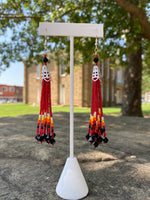 Multi Strand Seed Bead Fringe Earrings w/ Glass ends - Red and Fire Colors