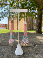 Pink Fringe Earrings With Turquoise Bead Accents