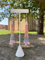 Pink Fringe Earrings With Turquoise Bead Accents
