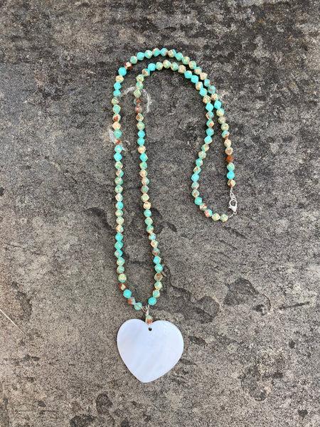 Green Imperial Jasper Faceted Necklace w/Shell Heart Pendant
