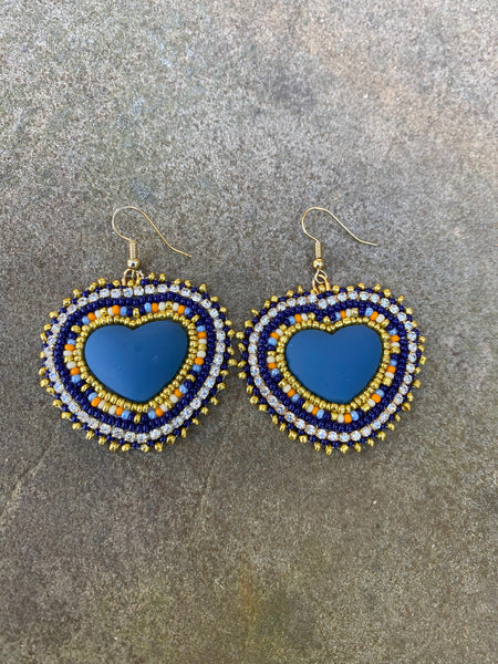 Beaded Matte Cab Earrings - Navy Blue