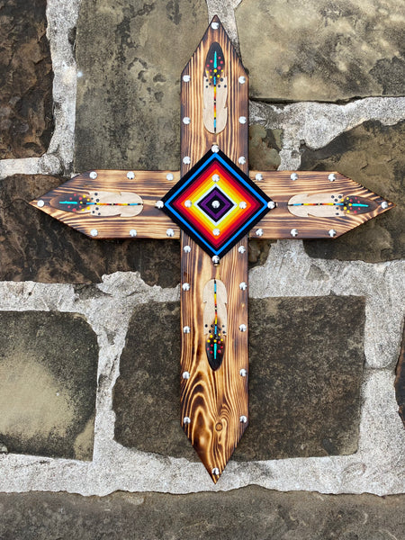 Large Wood Carved Cross - Blue