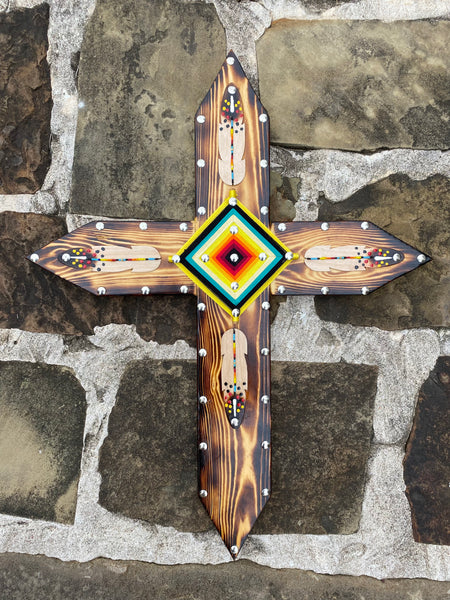 Large Wood Carved Cross - Yellow