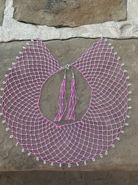 Pink and Silver Beaded Collared Necklace and Matching Earrings Made by Irene Creek