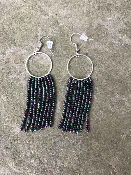 Beaded Fringe Earrings on ¾ Inch Silver Metal Round Hanger (Various Colors Available)