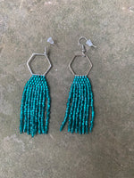 Beaded Fringe Earrings on ¾ Inch Silver Metal Hexagon Hanger (Various Colors Available)