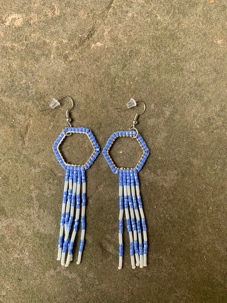 Beaded Fringe Earrings on ¾ Inch Silver Metal Hexagon Hanger (Various Colors Available)