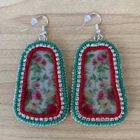 Red/Irredescent/Green Floral Trappezoid Earrings