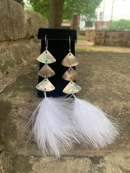 Black, Mother of Pearl & White Feather Fluff Earrings